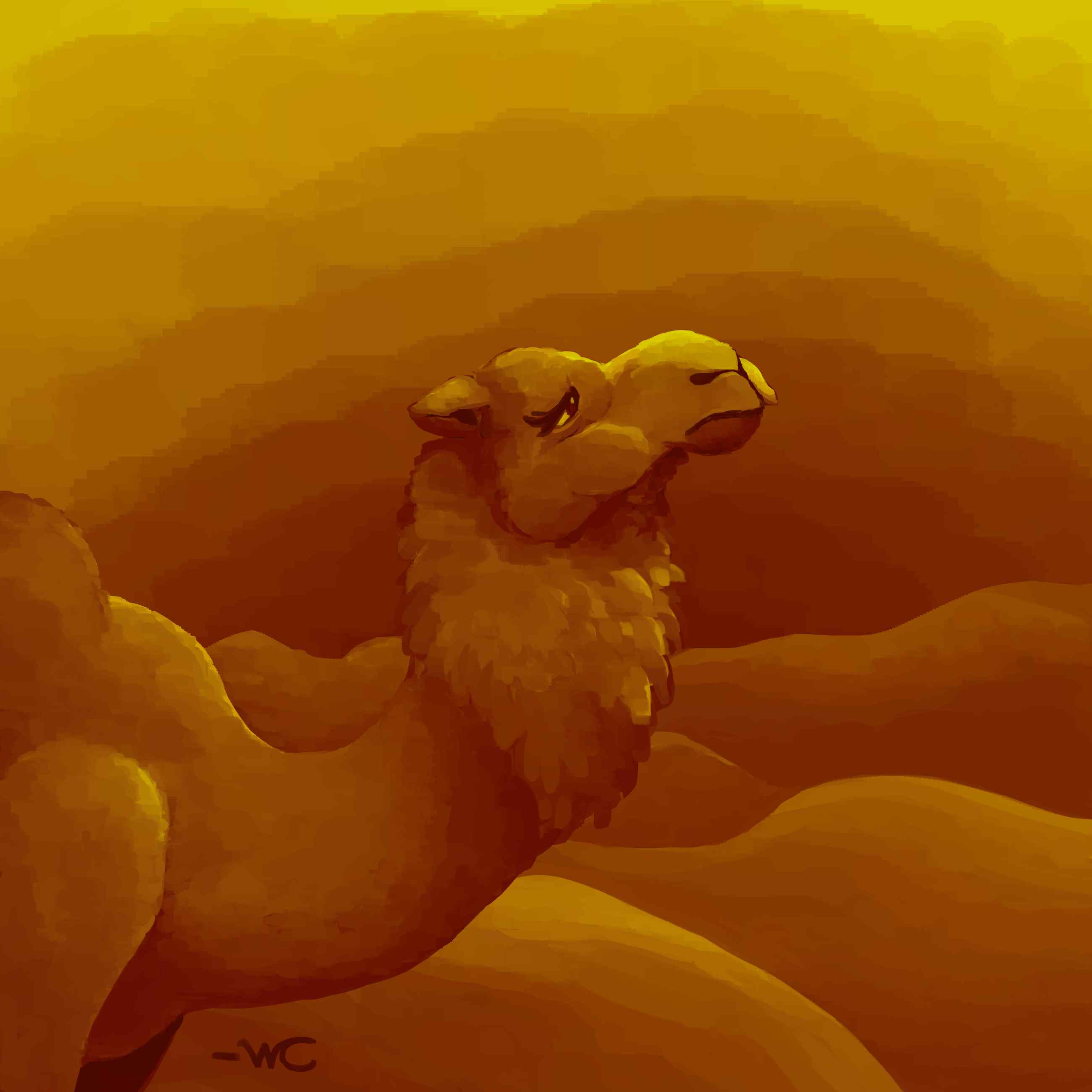 A digital painting of a dromedary camel looking longingly to the sky. It is done entirely with a yellow, orange, and red palette. The only parts of the camel visible are its head, neck, shoulders, and front of its body. It's a side profile.